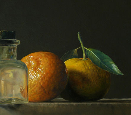 Still Life with tangerines and small glass bottle by Marco Gasparri