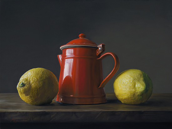 Rode koffiepot van Marco Gasparri Still life with red coffee pot end two lemons van Marco Gasparri